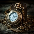 Vintage pocket gold watch with a chain on a dark background. An old round clock with a lid on a chain. The concept of Royalty Free Stock Photo