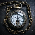 Vintage pocket gold watch with a chain on a dark background. An old round clock with a lid on a chain. The concept of Royalty Free Stock Photo