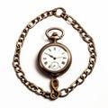 Vintage pocket gold watch with chain on white background. An old round watch with a lid on a chain. The concept of time Royalty Free Stock Photo