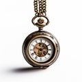 Vintage pocket gold watch with chain on white background. An old round watch with a lid on a chain. The concept of time Royalty Free Stock Photo