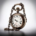 Vintage pocket gold watch with chain on white background. An old round watch with a lid on a chain. The concept of time Royalty Free Stock Photo