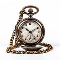 Vintage pocket gold watch with chain on white background. An old round watch with a lid on a chain. The concept of time Royalty Free Stock Photo