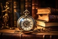Vintage pocket watch and antique books. Time concept. Selective focus, Vintage clock hanging on a chain on the background of old Royalty Free Stock Photo