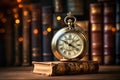 Vintage pocket watch on the background of books. Retro style, Vintage clock hanging on a chain on the background of old books, AI Royalty Free Stock Photo