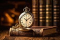 Vintage pocket watch with books on wooden background. Retro style, Vintage clock hanging on a chain on the background of old books Royalty Free Stock Photo