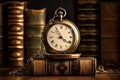 Vintage pocket watch with chain on old books background. Time concept, Vintage clock hanging on a chain on the background of old Royalty Free Stock Photo