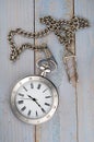 Vintage pocket watch with chain on table Royalty Free Stock Photo