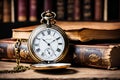 Vintage pocket watch and old books on wooden table. Time is money Royalty Free Stock Photo