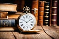 Vintage pocket watch and old books on wooden table. Time is money Royalty Free Stock Photo