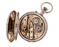 Vintage pocket watch with open rear lid. Royalty Free Stock Photo