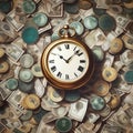 Vintage pocket watch on top of coins and paper money. Time is money theme Royalty Free Stock Photo