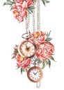 Vintage pocket watches with pink peony flowers.