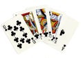 Vintage poker playing cards showing a royal flush of clubs. Royalty Free Stock Photo