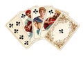 Vintage poker playing cards showing a royal flush of clubs. Royalty Free Stock Photo