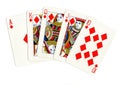 Vintage poker playing cards showing a royal flush of diamonds.