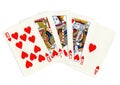 Vintage poker playing cards showing a royal flush of hearts. Royalty Free Stock Photo