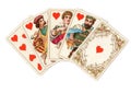 Vintage poker playing cards showing a royal flush of hearts. Royalty Free Stock Photo