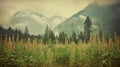 Vintage Polaroid Of Rumex Crispus Field In Front Of Mountains