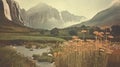 Vintage Polaroid Of Rumex Crispus Field And Mountains