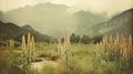 Vintage Polaroid Of Rumex Crispus Field And Mountains Waterfall