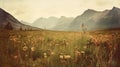 Vintage Polaroid Of Rumex Crispus Field In Tundra Mountains