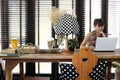 Vintage polka dot lamp with intentionally blurred working woman