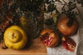 Vintage pomegranate and quince still life Royalty Free Stock Photo