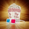 Vintage popcorn and 3D anaglyph glasses on grungy background. 3D illustration