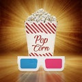 Vintage popcorn and 3D anaglyph glasses on grungy background. 3D illustration