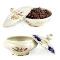 Vintage porcelain candy bowl isolated on white. Collage Royalty Free Stock Photo