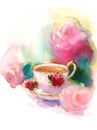 Vintage Porcelain Cup of Berry Tea and Roses Watercolor Still Life Illustration Hand Drawn Royalty Free Stock Photo