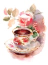 Vintage Porcelain Cup of Berry Tea and Roses Watercolor Still Life Illustration Hand Drawn Royalty Free Stock Photo