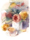 Vintage Porcelain Cup of Tea and Roses Watercolor Still Life Illustration Hand Drawn