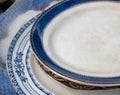 Vintage blue, white porcelain plates at the flea market Royalty Free Stock Photo