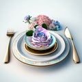 Vintage porcelain tableware, cutlery and flowers Generative AI