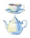 Vintage porcelain teapot and cup on white background.