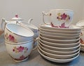 Vintage porceline set if tea cups, dishes and pot made in USSR Verbilki facory. Royalty Free Stock Photo