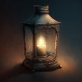 A vintage portable hand lantern with a candle stands on the wooden floor. Generated by AI