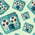 Vintage portable stereo tape recorder flat icon seamless pattern. Royalty Free Stock Photo