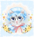 Vintage portrait of the cat with glasses and roses. Victorian st