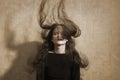 Vintage portrait woman with flared long hair Royalty Free Stock Photo