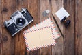 Vintage post card and envelope with retro camera Royalty Free Stock Photo