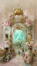Vintage post card with a soft pink rose and white castle. Full of flowers. Vinatage rococo style. AI created a digital art
