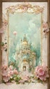 Vintage post card with a soft pink rose and white castle. Full of flowers. Vinatage rococo style. AI created a digital art