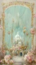 Vintage post card with a soft pink rose and white castle. Full of flowers. Vinatage rococo style. AI created a digital art