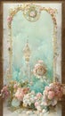 Vintage post card with a soft pink rose and white castle. Full of flowers. Vinatage rococo style. AI created a digital art