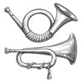 Vintage post horn or hunting horn. Hand drawn sketch vector illustration in engraving style Royalty Free Stock Photo