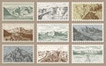 Vintage Post stamps set. Etching mountain landscapes. Retro old Mount Sketch. Monochrome Postcard. Hand drawn engraved Royalty Free Stock Photo