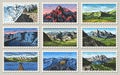 Vintage Post stamps set. Etching mountain landscapes. Retro old Mount Sketch. Monochrome Postcard. Hand drawn engraved Royalty Free Stock Photo