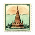 Thai Temple Pagoda Stamp - Mid-century Style Postage Stamp Illustration Royalty Free Stock Photo